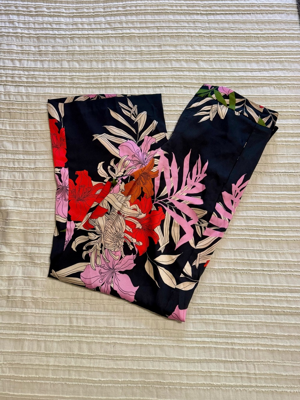 Zara Black Wide-Leg Pants with Pink & Red Floral Print